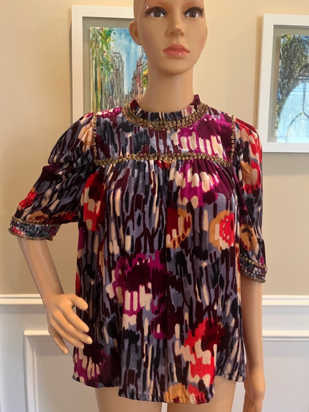 Ulla Johnson Multicolor Printed Short Sleeve Tunic in Purple, Red, Cream